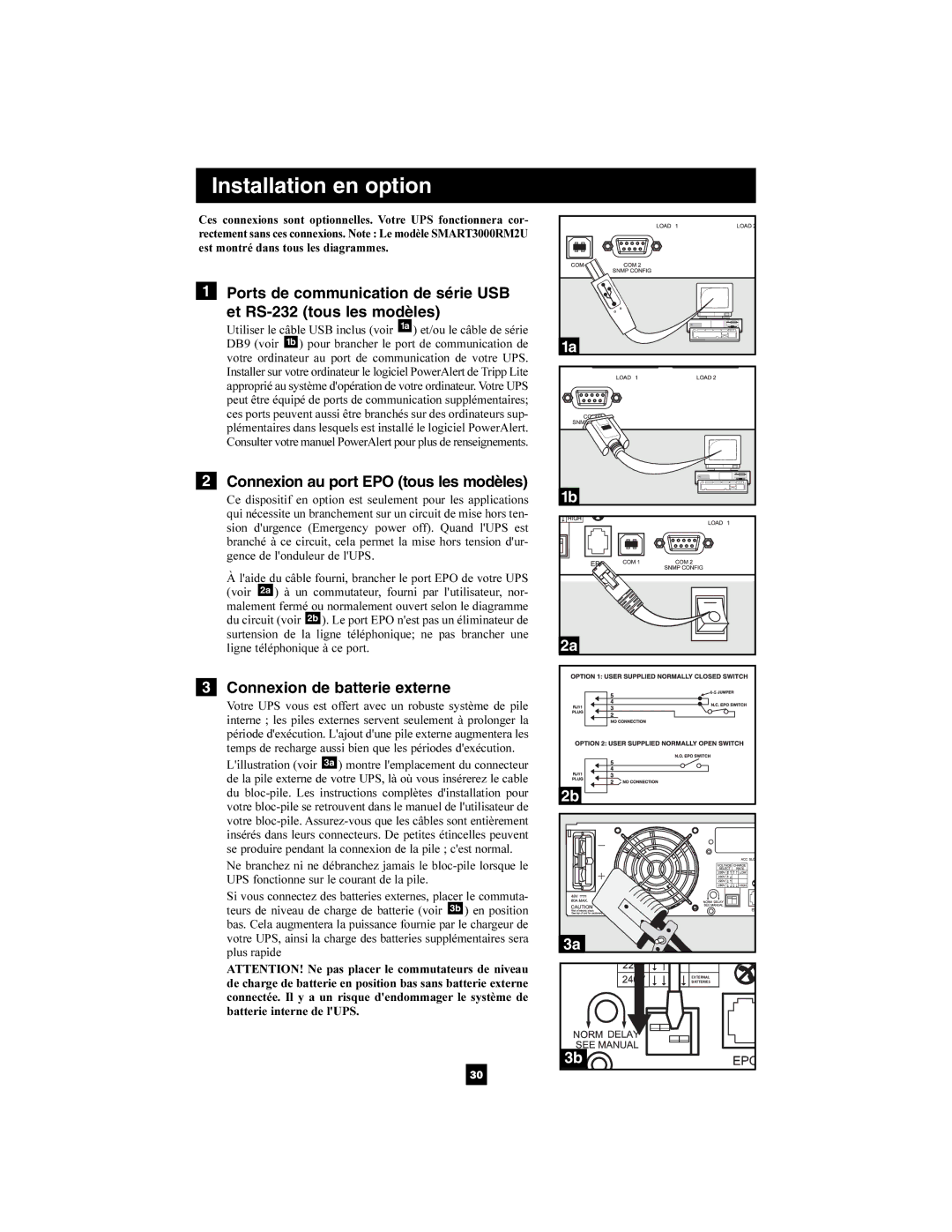 Tripp Lite SMX2200XLRT2U owner manual Connexion au port EPO tous les modèles, Connexion de batterie externe 