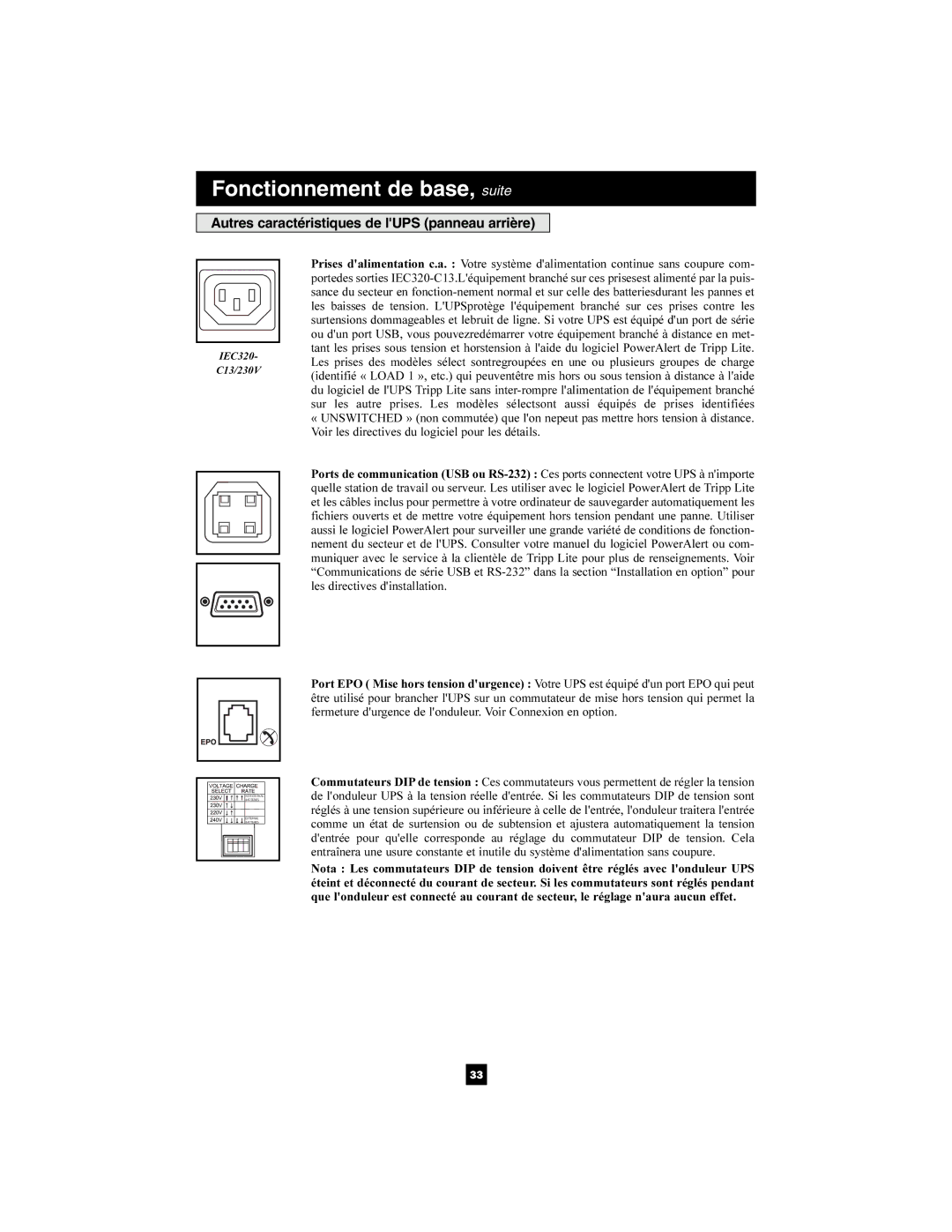 Tripp Lite SMX2200XLRT2U owner manual Autres caractéristiques de lUPS panneau arrière 