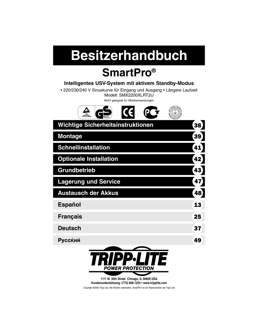 Tripp Lite SMX2200XLRT2U owner manual Besitzerhandbuch, Intelligentes USV-System mit aktivem Standby-Modus 