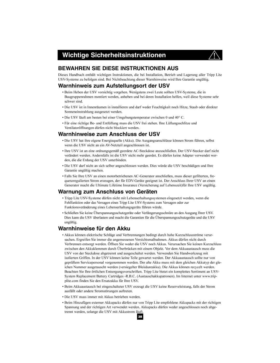 Tripp Lite SMX2200XLRT2U owner manual Wichtige Sicherheitsinstruktionen, Warnhinweis zum Aufstellungsort der USV 