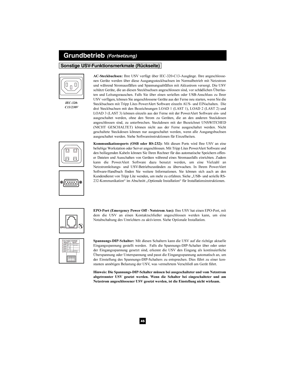 Tripp Lite SMX2200XLRT2U owner manual Sonstige USV-Funktionsmerkmale Rückseite 