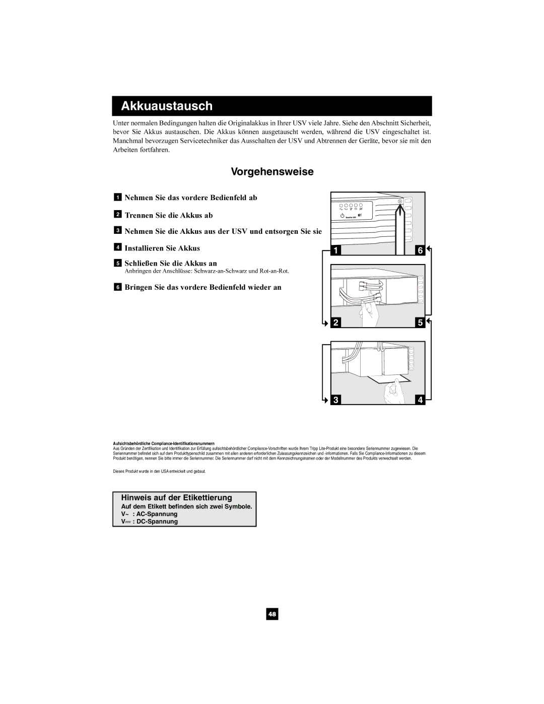 Tripp Lite SMX2200XLRT2U owner manual Akkuaustausch, Vorgehensweise 