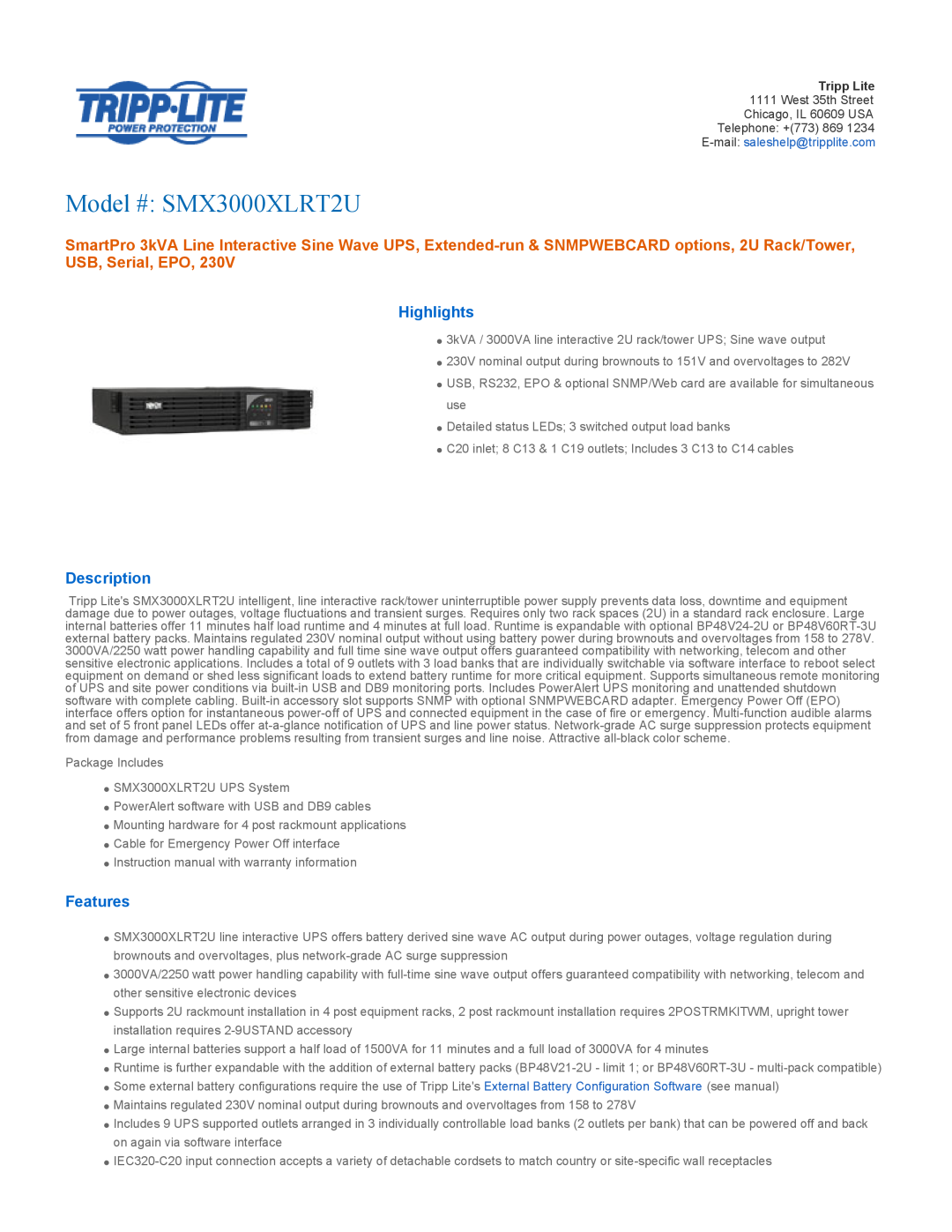Tripp Lite instruction manual Highlights, Description, Features, Model # SMX3000XLRT2U 