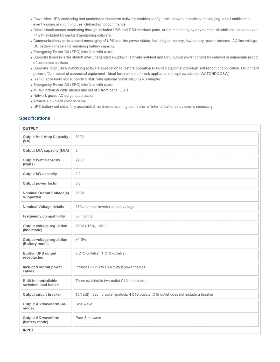 Tripp Lite SMX3000XLRT2U instruction manual Specifications, Output circuit breaker Output AC waveform AC mode, Input 