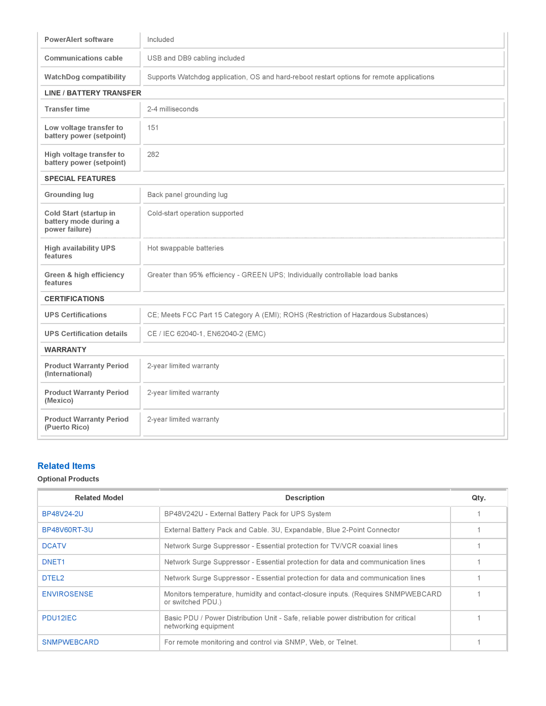 Tripp Lite SMX3000XLRT2U Related Items, Line / Battery Transfer, Special Features, Certifications, Warranty 