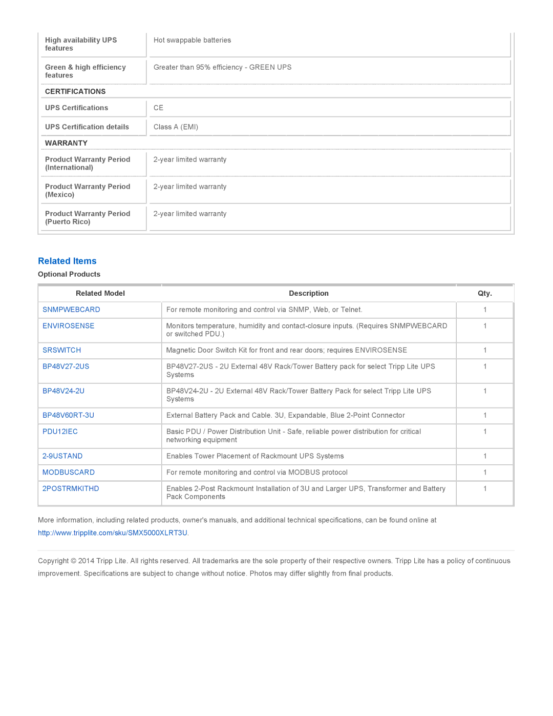 Tripp Lite SMX5000XLRT3U warranty Related Items, Certifications, Warranty 