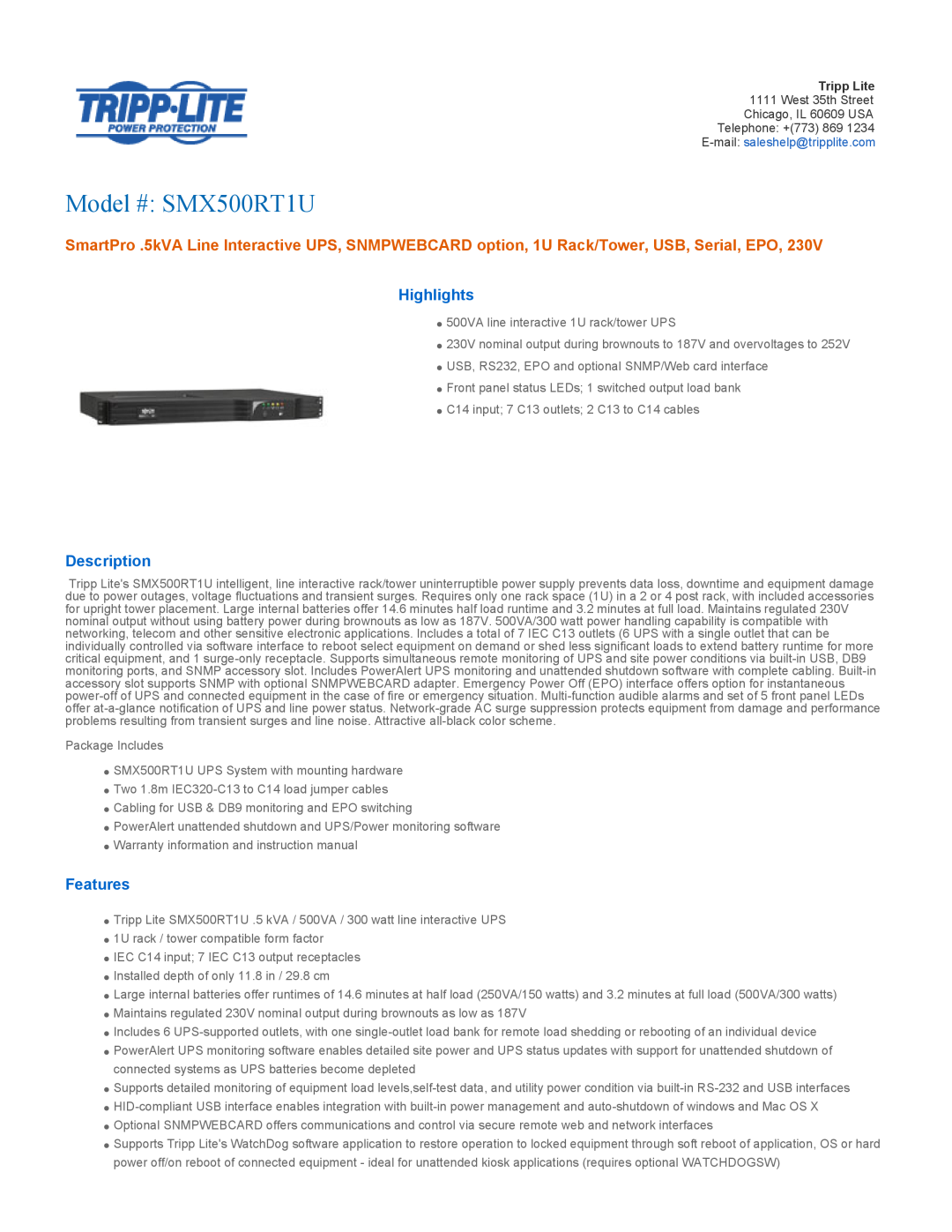 Tripp Lite warranty Highlights, Description, Features, Model # SMX500RT1U 