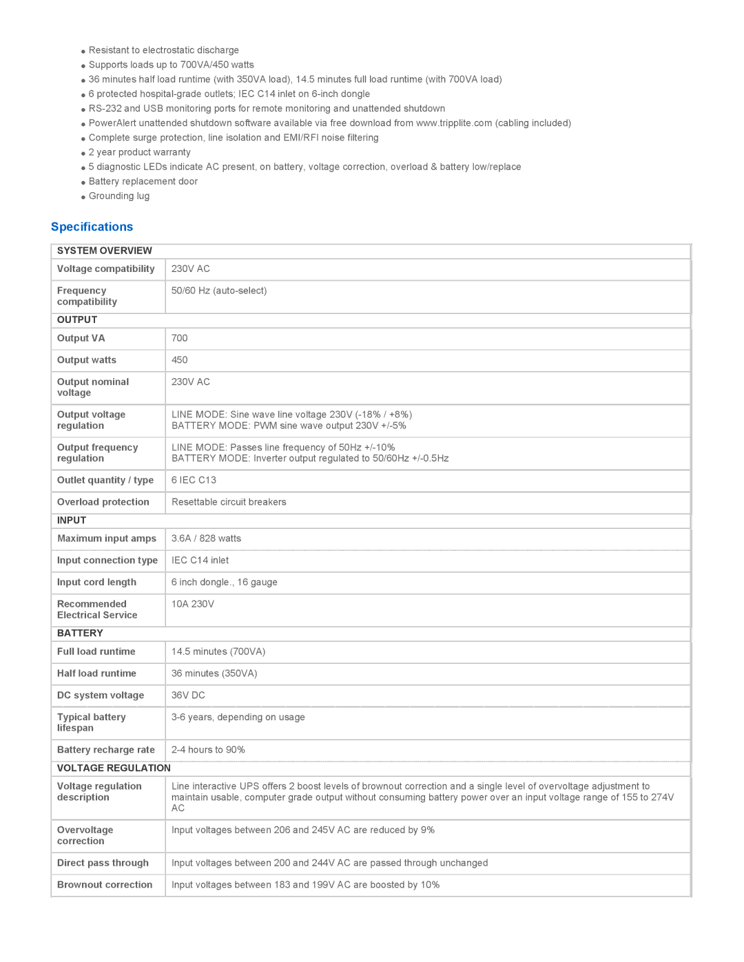 Tripp Lite SMX700HG warranty Specifications, System Overview, Output, Input, Battery 