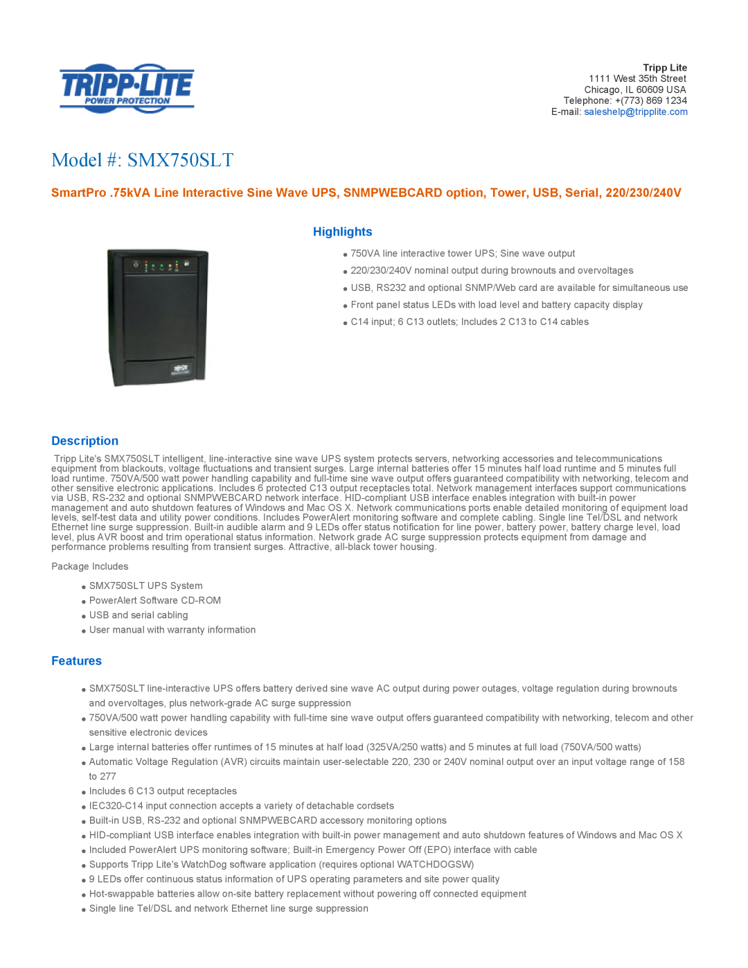 Tripp Lite user manual Highlights, Description, Features, Model # SMX750SLT 