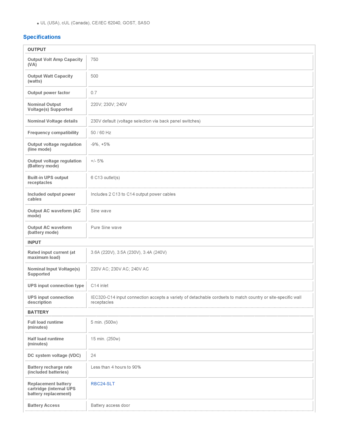 Tripp Lite SMX750SLT user manual Specifications, Output, Input, Battery 