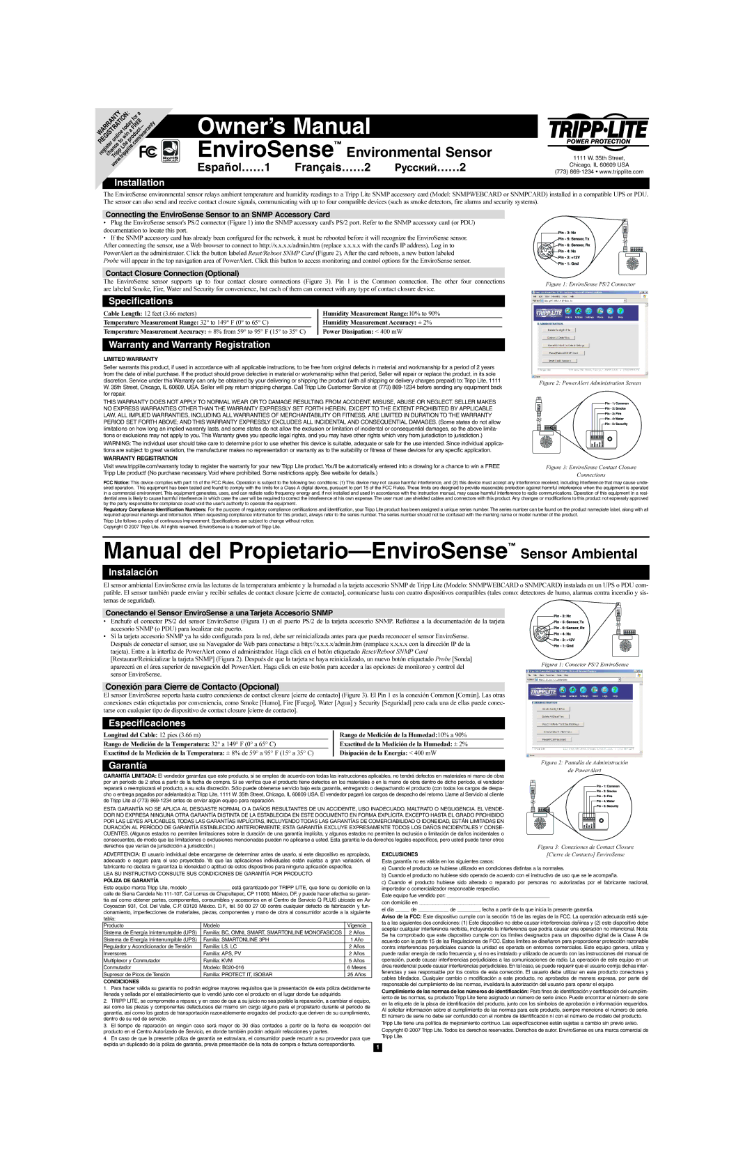 Tripp Lite SNMPWEBCARD owner manual Specifications, Warranty and Warranty Registration, Instalación, Especificaciones 