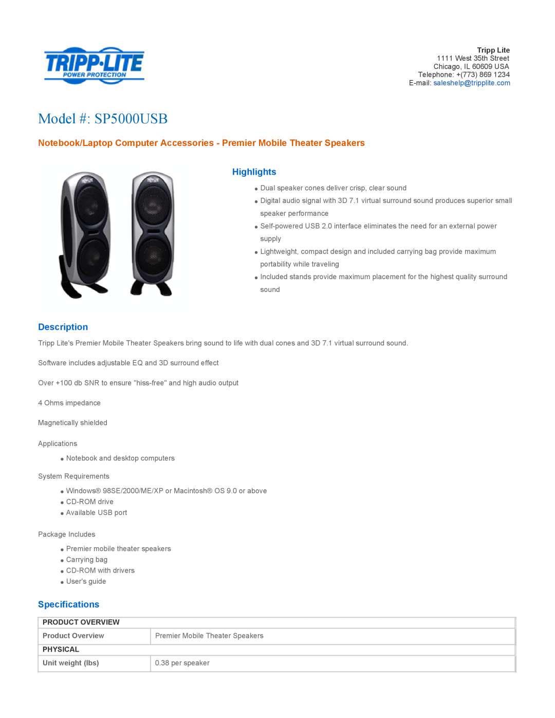 Tripp Lite SP5000USB specifications Product Overview, Premier Mobile Theater Speakers, Physical, Unit weight lbs 