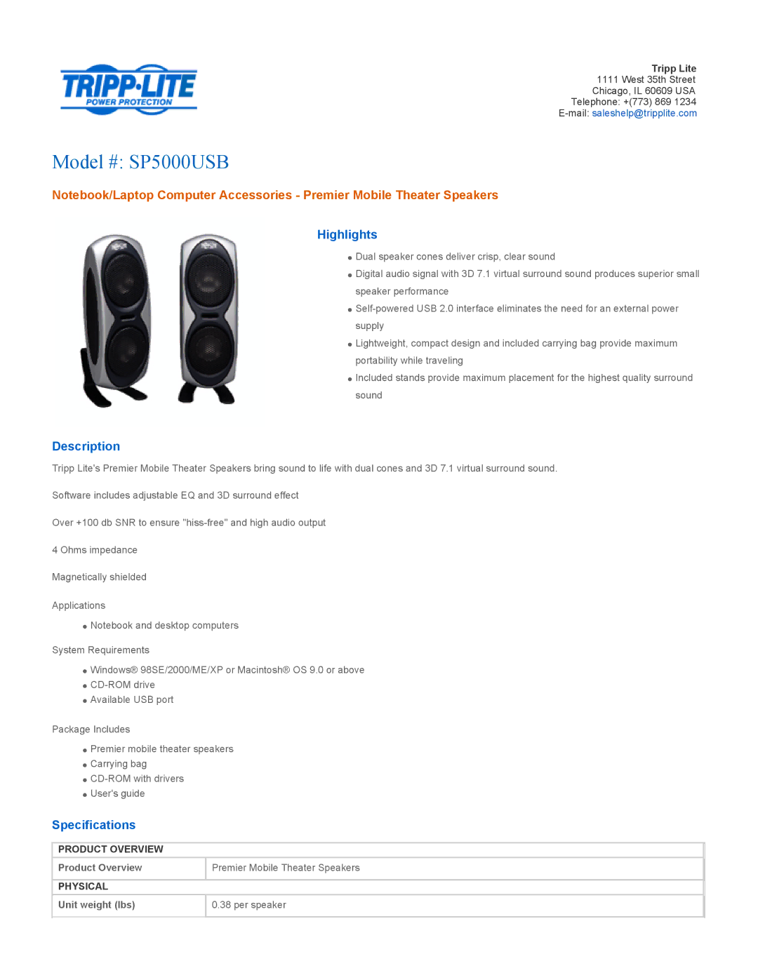 Tripp Lite specifications Model # SP5000USB, Highlights, Description, Specifications 