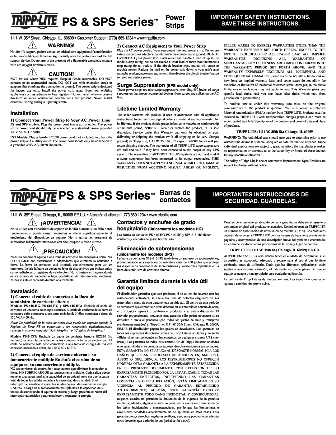 Tripp Lite SPS Series important safety instructions Important Safety Instructions Save These Instructions, Installation 