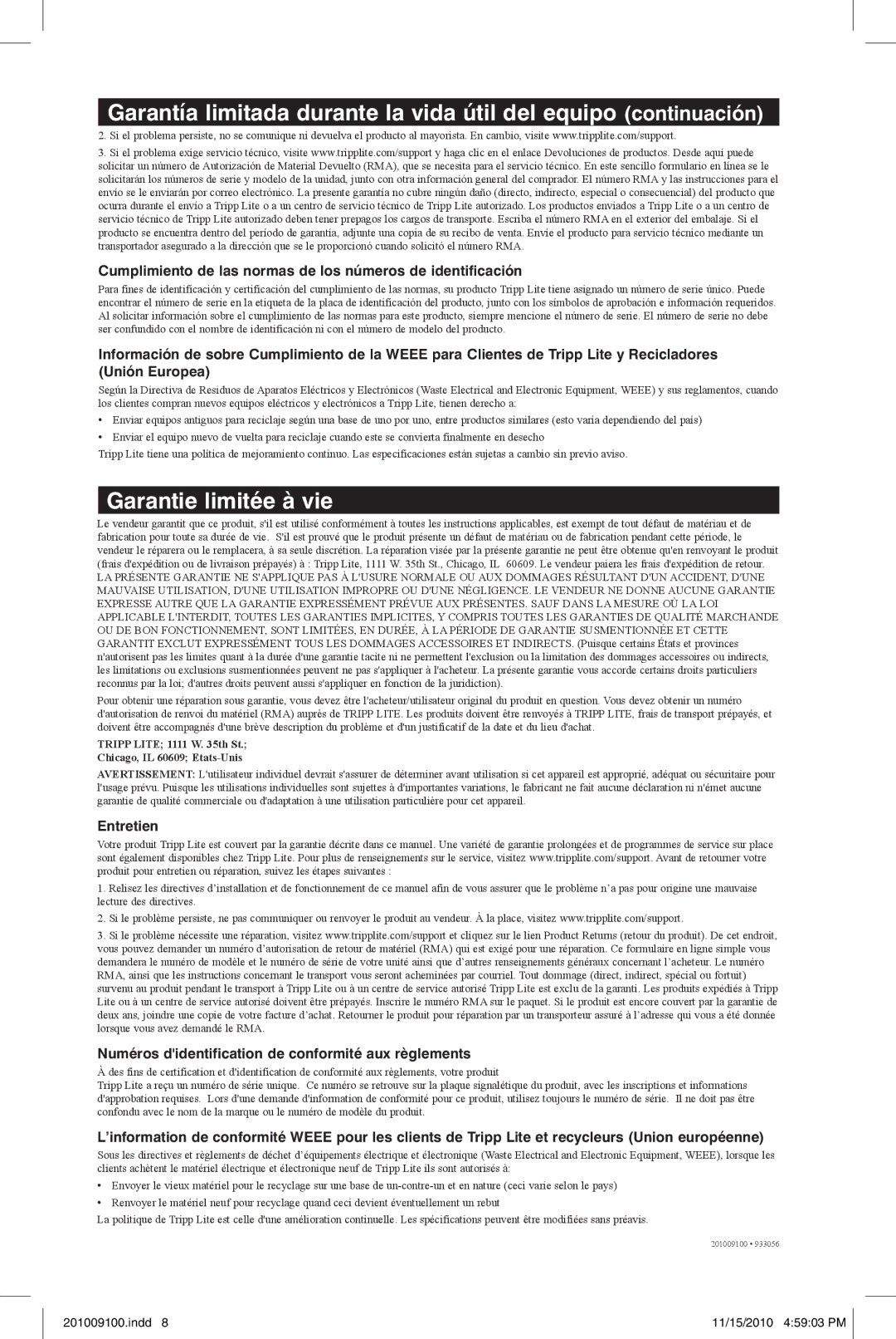 Tripp Lite SPS415HGULTRA Garantie limitée à vie, Cumplimiento de las normas de los números de identificación, Entretien 