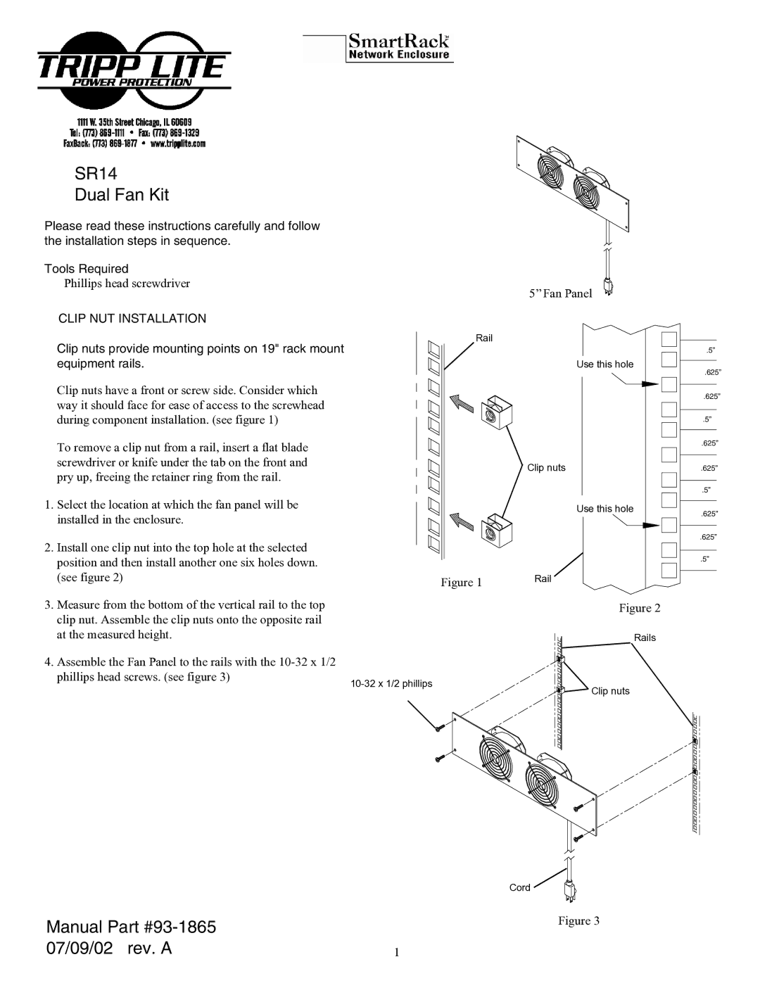 Tripp Lite manual SR14 Dual Fan Kit, Manual 07/09/02 rev. a, Clip NUT Installation 