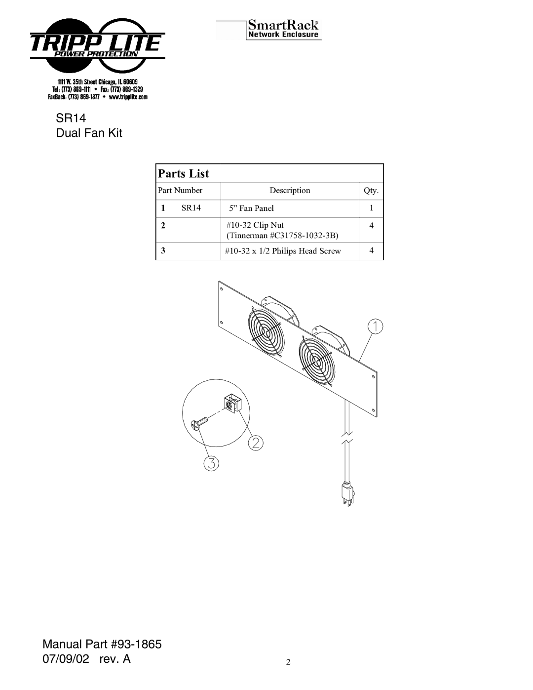 Tripp Lite SR14 manual Parts List 