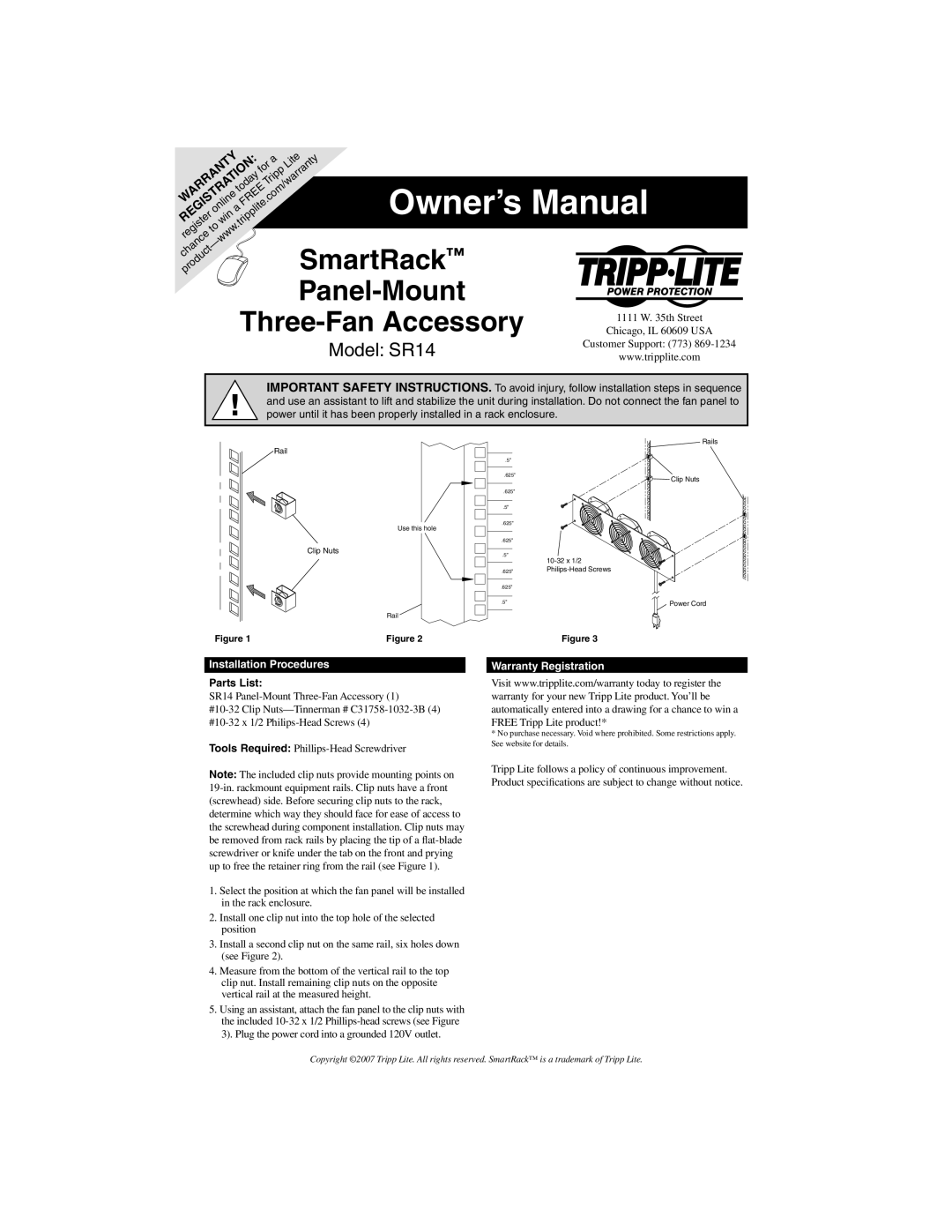 Tripp Lite warranty Installation Procedures, Parts List, SR14 Panel-Mount Three-Fan Accessory, Warranty Registration 