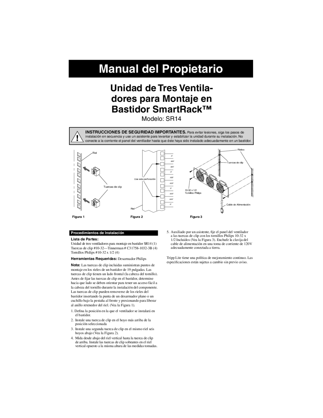 Tripp Lite warranty Manual del Propietario, Modelo SR14, Procedimientos de Instalación, Lista de Partes 