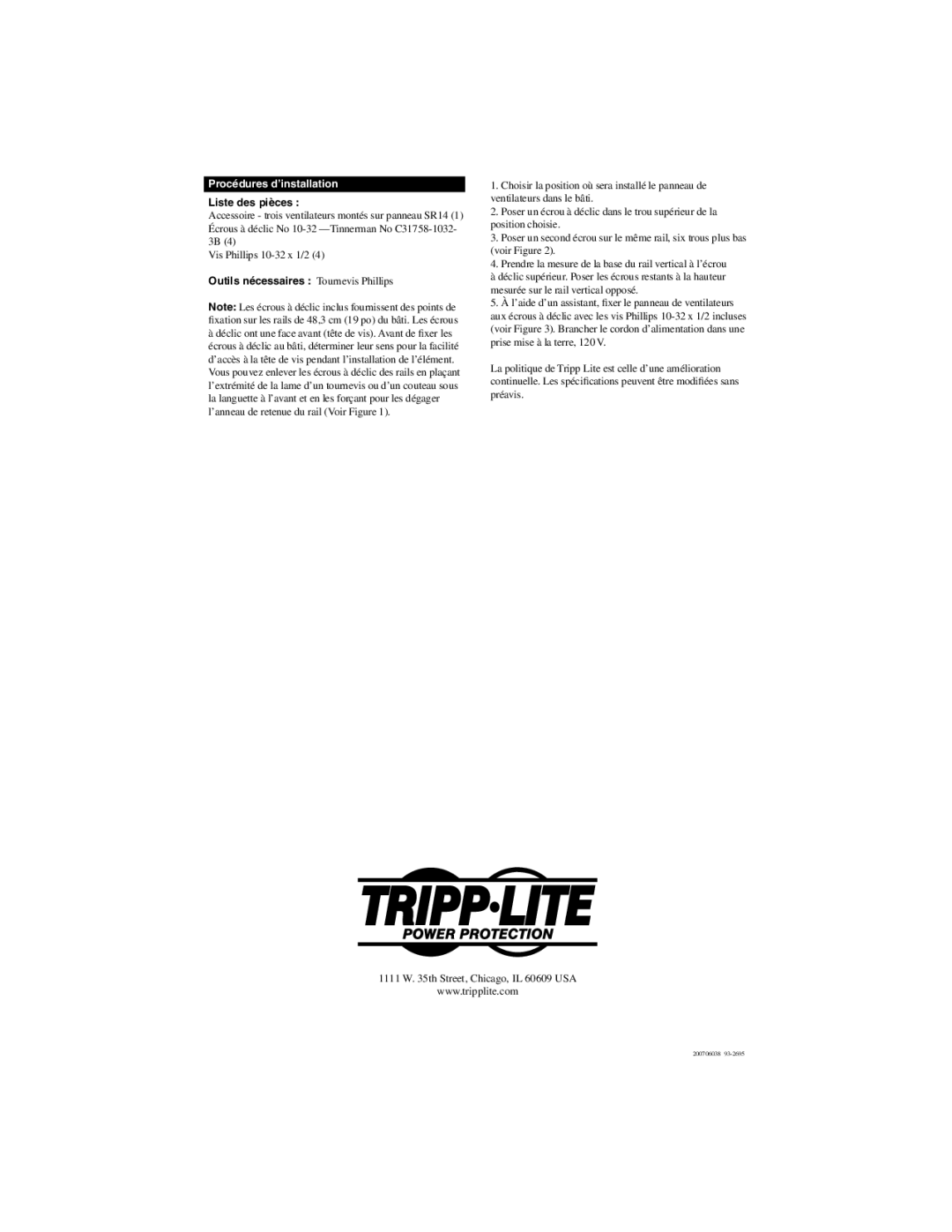 Tripp Lite SR14 warranty Procédures d’installation, Liste des pièces, Outils nécessaires Tournevis Phillips 