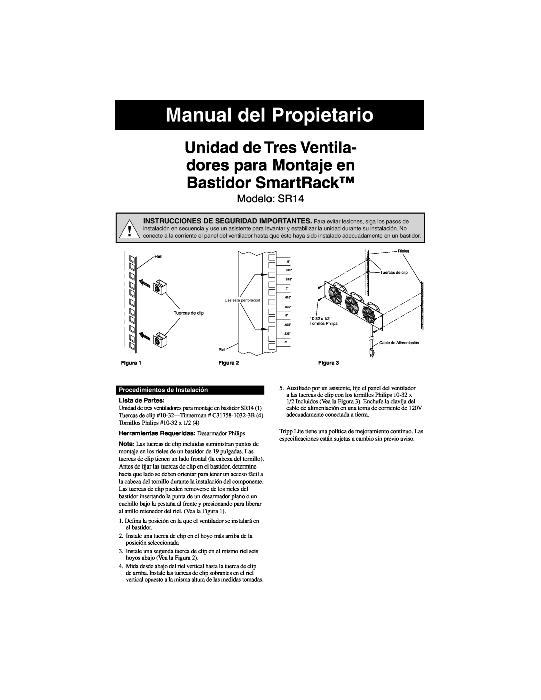 Tripp Lite warranty Manual del Propietario, Modelo SR14, Procedimientos de Instalación, Lista de Partes 