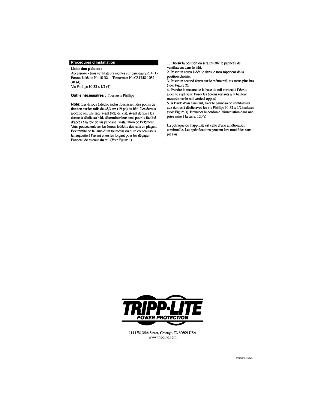 Tripp Lite SR14 warranty Procédures d’installation, Liste des pièces, Outils nécessaires Tournevis Phillips 