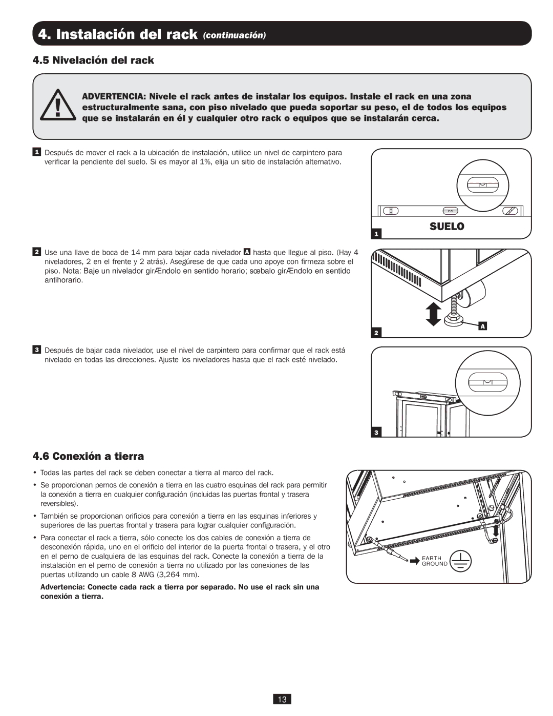 Tripp Lite SR18UB owner manual Instalación del rack continuación, Nivelación del rack, Suelo, Conexión a tierra 