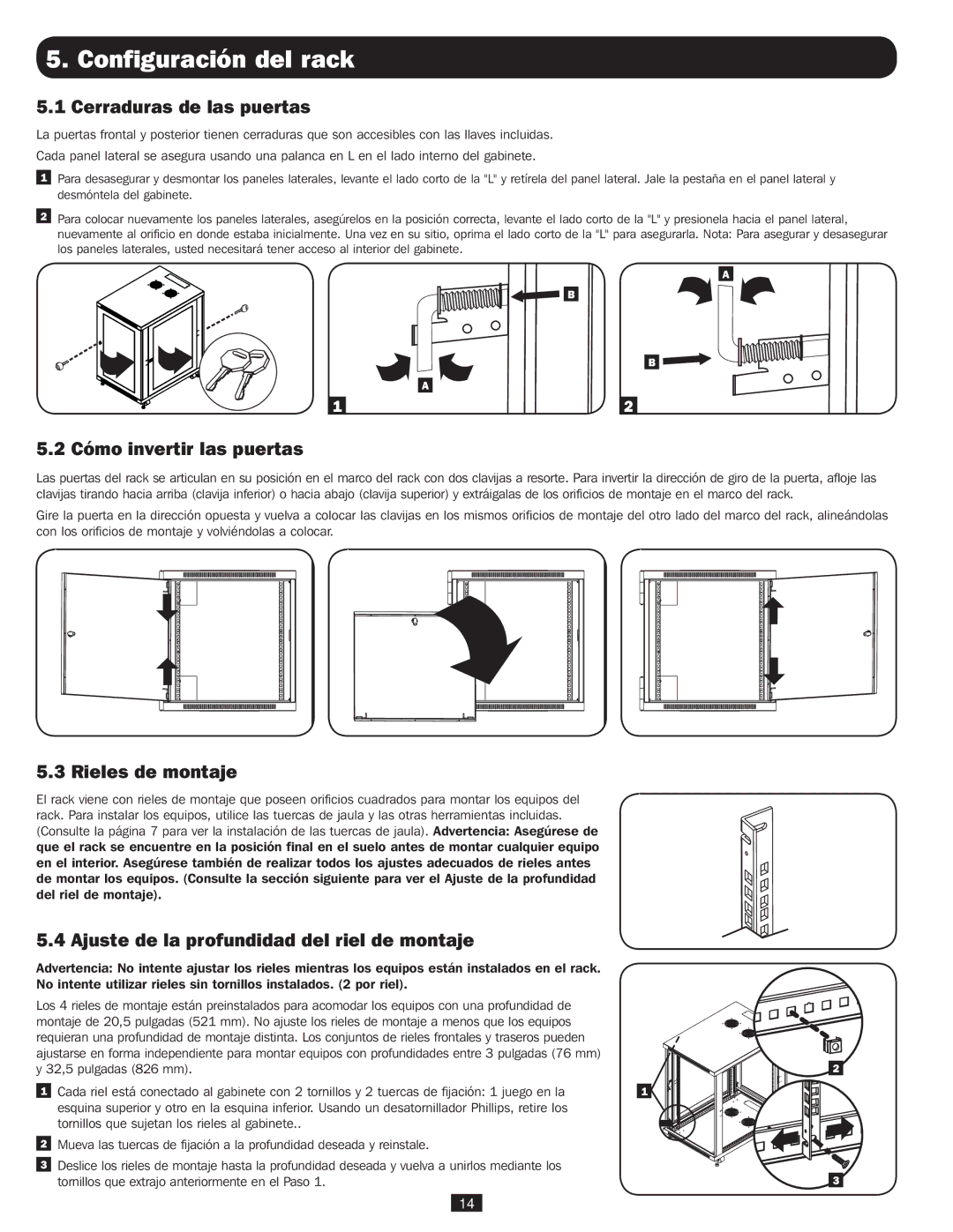 Tripp Lite SR18UB Configuración del rack, Cerraduras de las puertas, Cómo invertir las puertas, Rieles de montaje 