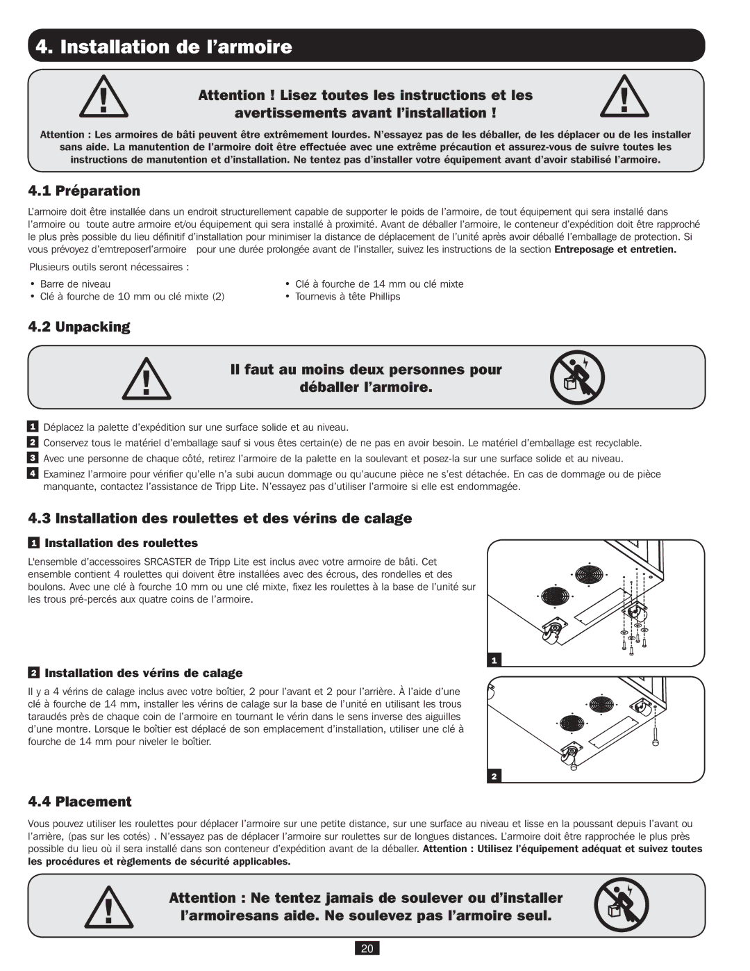 Tripp Lite SR18UB owner manual Installation de l’armoire, Avertissements avant l’installation, Préparation 