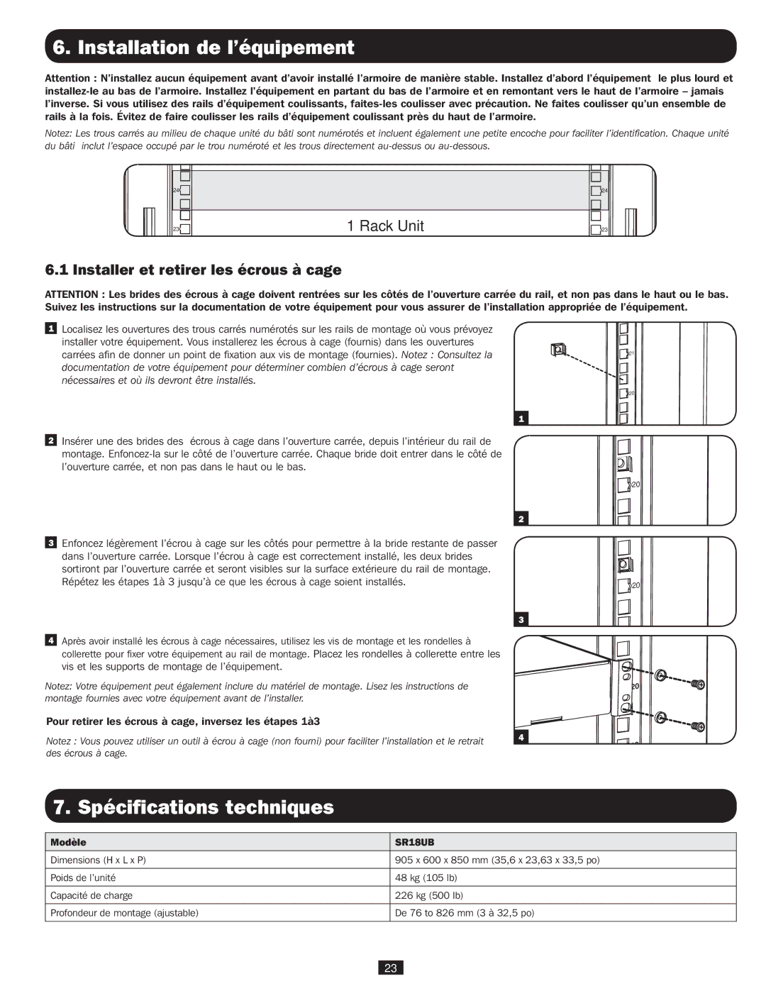 Tripp Lite SR18UB owner manual Installation de l’équipement, Spécifications techniques 