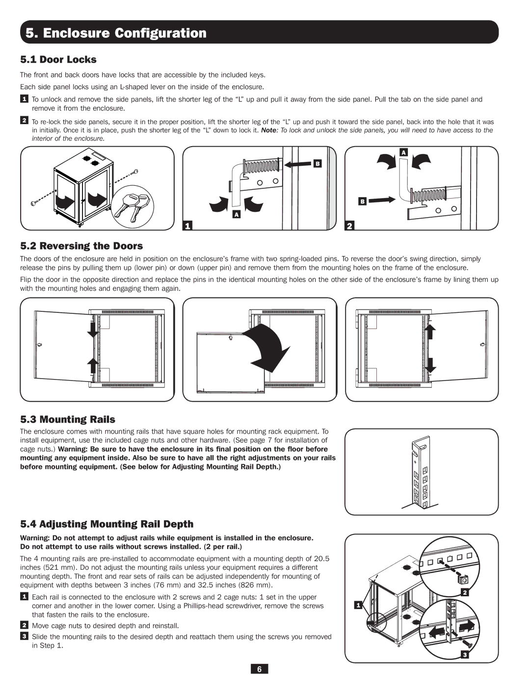 Tripp Lite SR18UB Enclosure Configuration, Door Locks, Reversing the Doors, Mounting Rails, Adjusting Mounting Rail Depth 