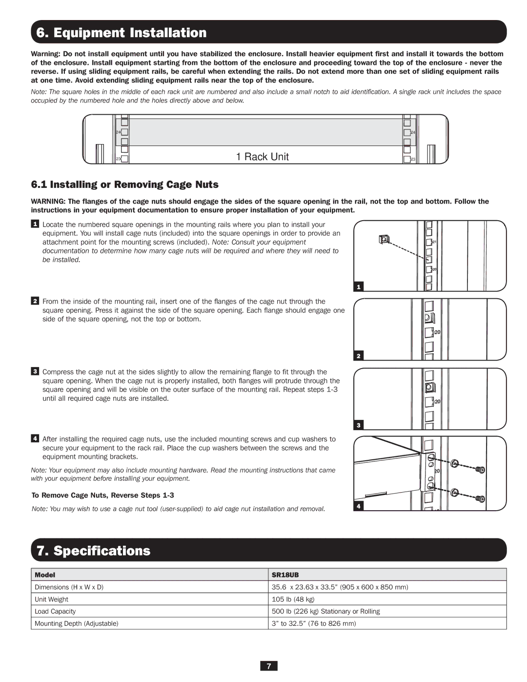 Tripp Lite SR18UB owner manual Equipment Installation, Specifications 