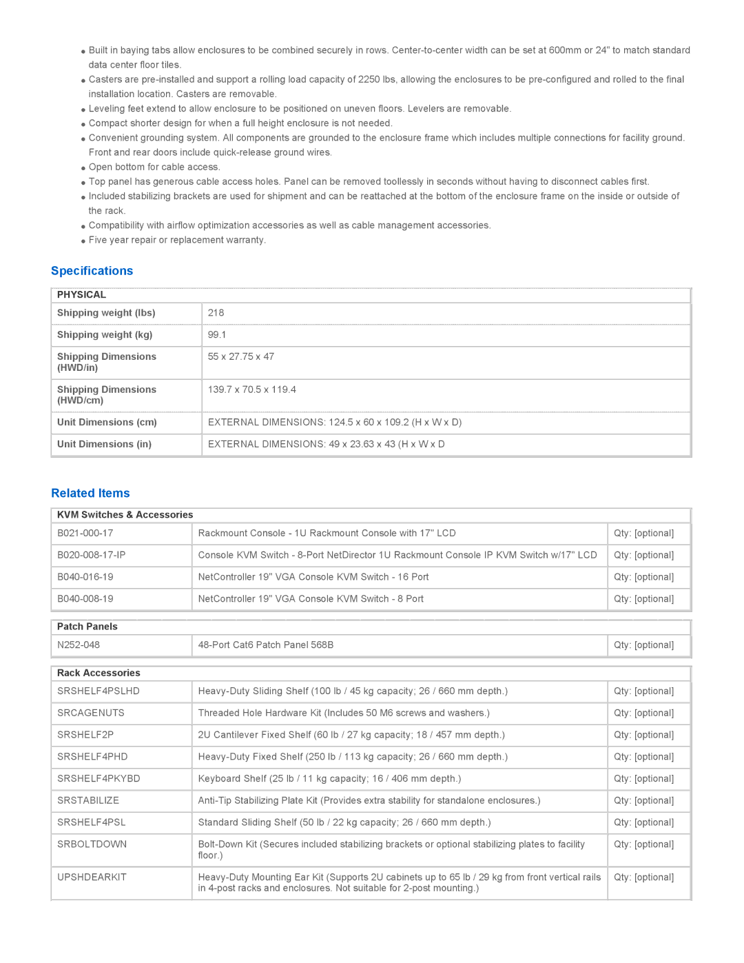 Tripp Lite SR25UB manual Specifications, Related Items, KVM Switches & Accessories, Patch Panels, Rack Accessories 