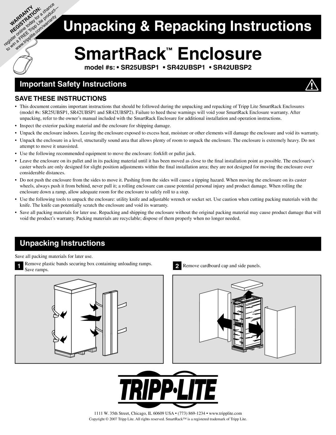 Tripp Lite SR42UBSP2, SR42UBSP1, SR25UBSP1 important safety instructions SmartRack Enclosure, Important Safety Instructions 