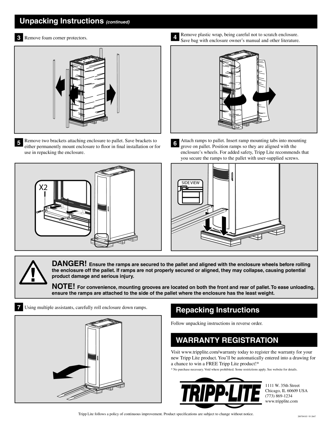 Tripp Lite SR25UBSP1 Repacking Instructions, Warranty Registration, Follow unpacking instructions in reverse order 