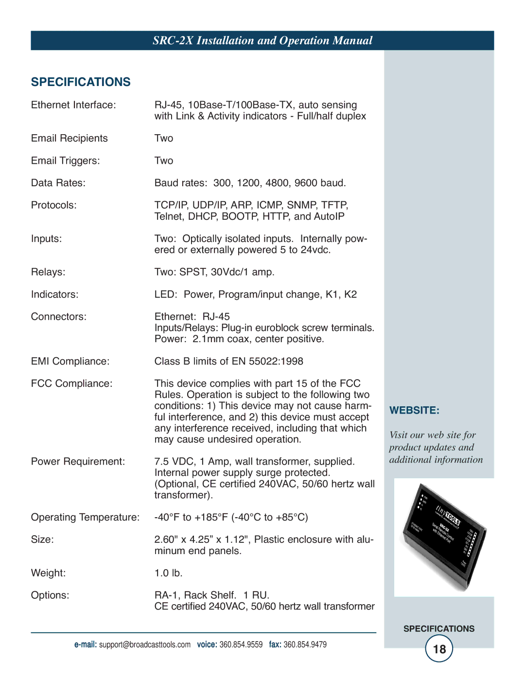 Tripp Lite SRC-2X operation manual Specifications, TCP/IP, UDP/IP, ARP, ICMP, SNMP, Tftp 