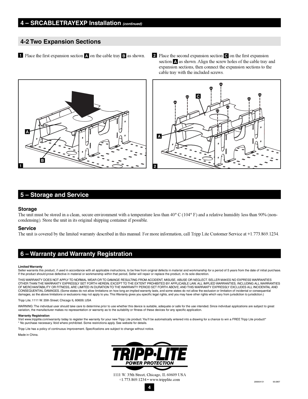 Tripp Lite SRCABLETRAYEXP owner manual Two Expansion Sections, Storage 