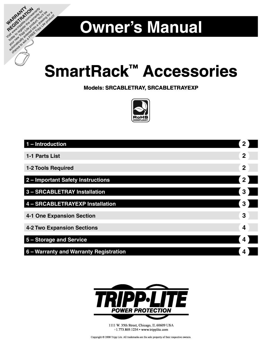 Tripp Lite owner manual Models SRCABLETRAY, SRCABLETRAYEXP, SmartRack Accessories 