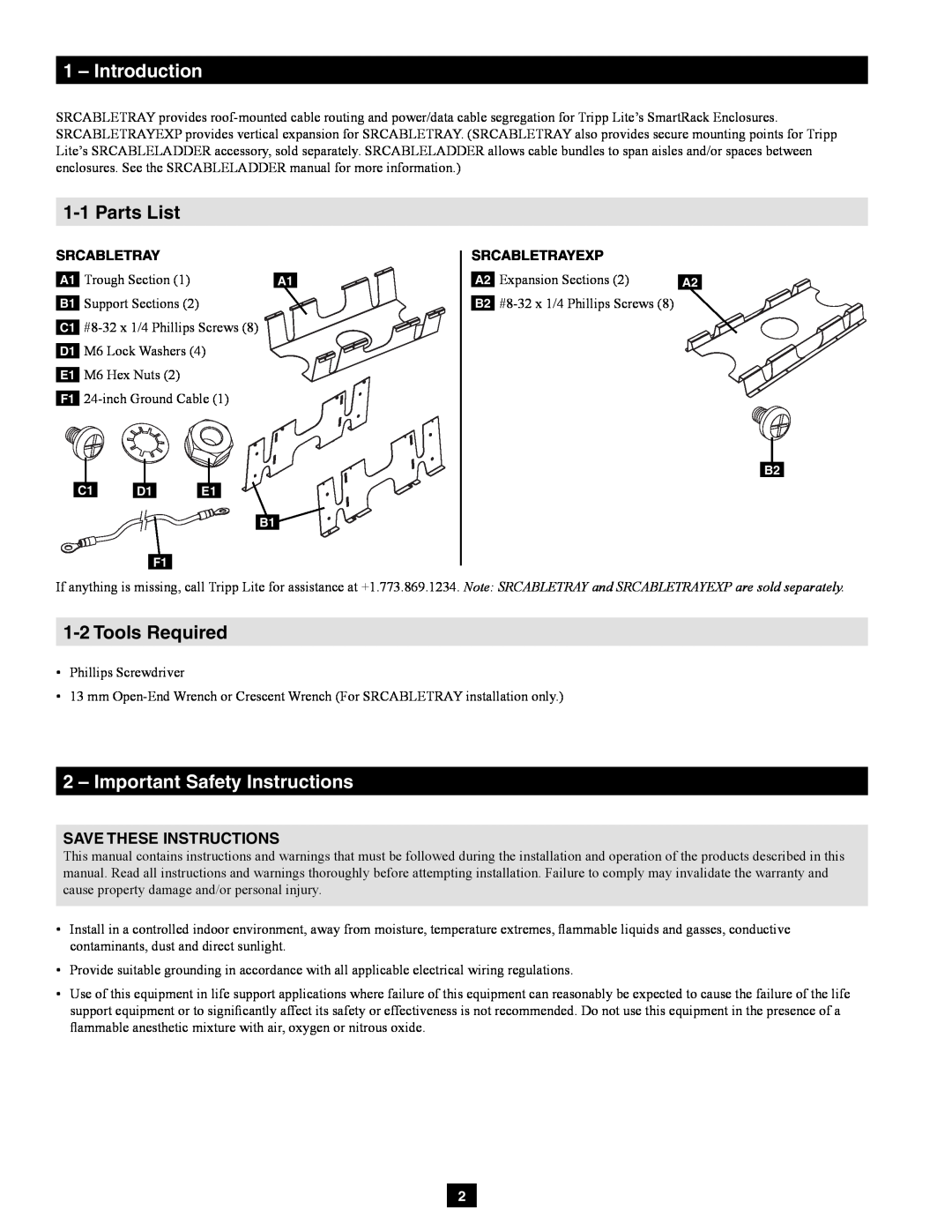 Tripp Lite SRCABLETRAYEXP owner manual 1-1Parts List, 1-2Tools Required, Save These Instructions, Srcabletrayexp 