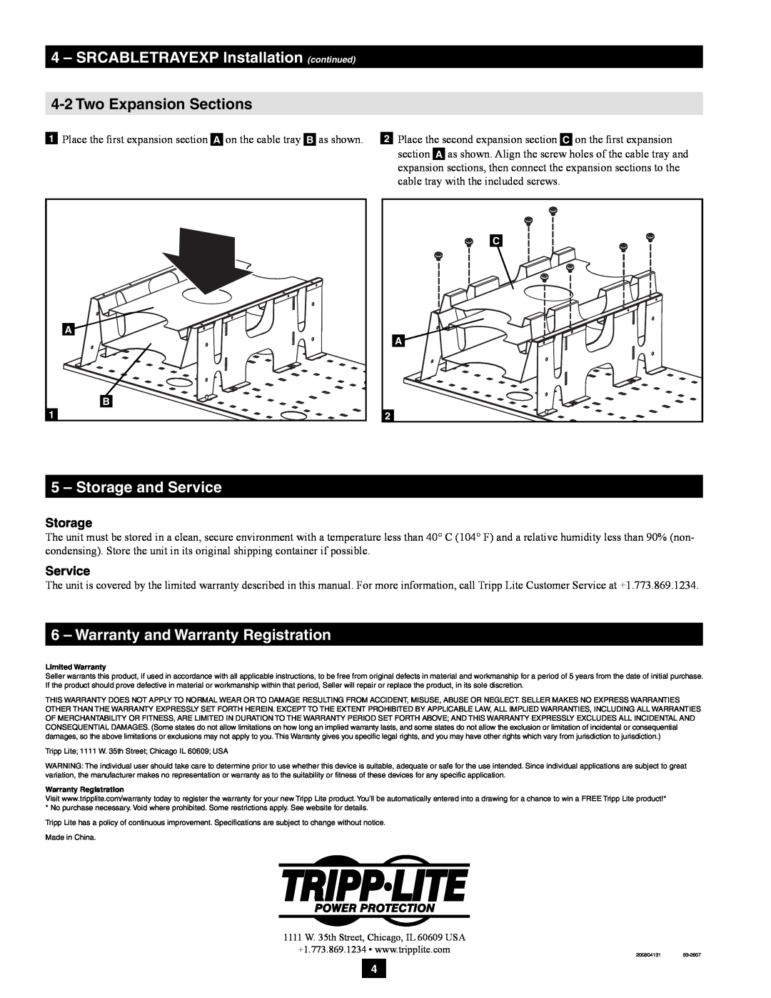 Tripp Lite owner manual 4-2Two Expansion Sections, SRCABLETRAYEXP Installation continued, Storage and Service 