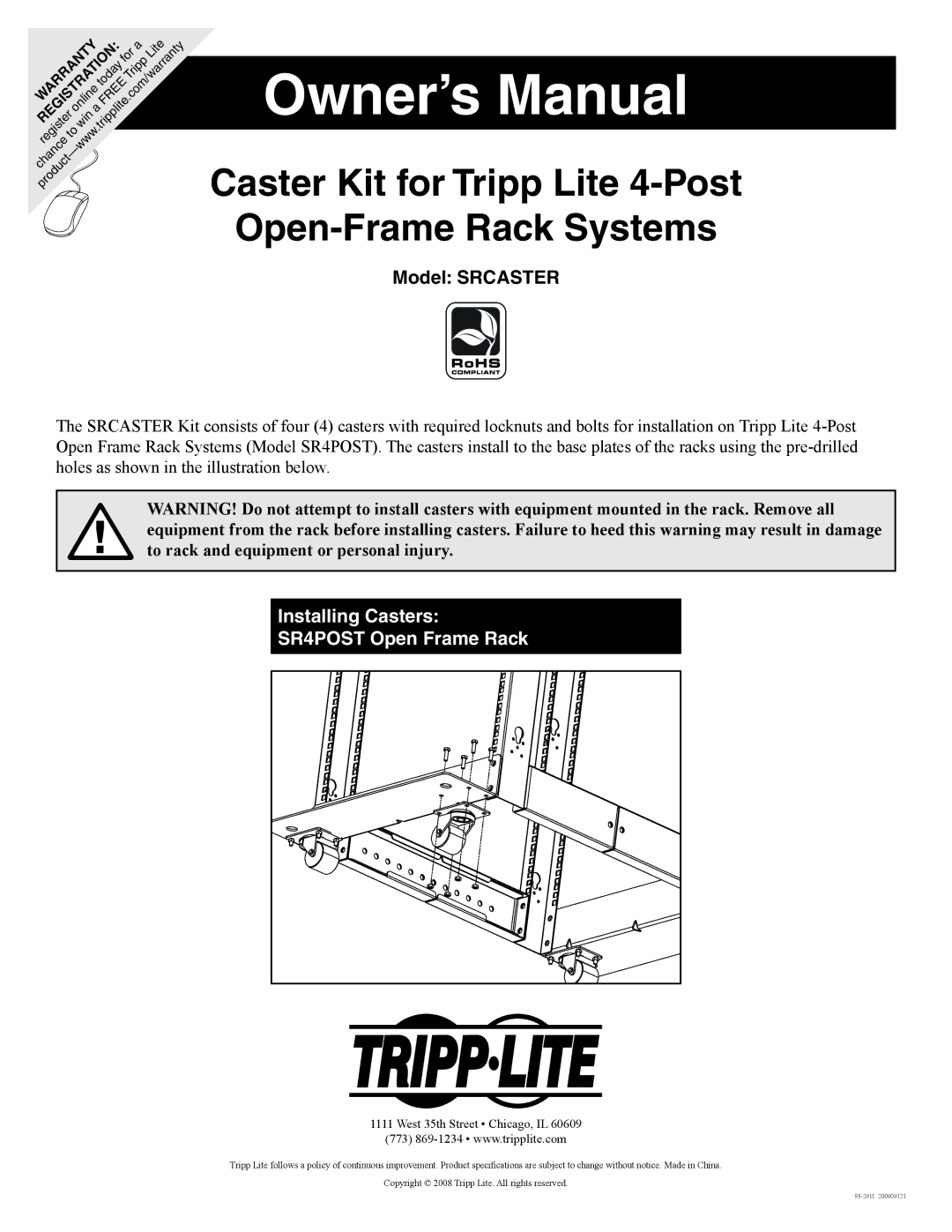 Tripp Lite SRCASTER owner manual Caster Kit for Tripp Lite 4-Post Open-Frame Rack Systems, Model Srcaster 