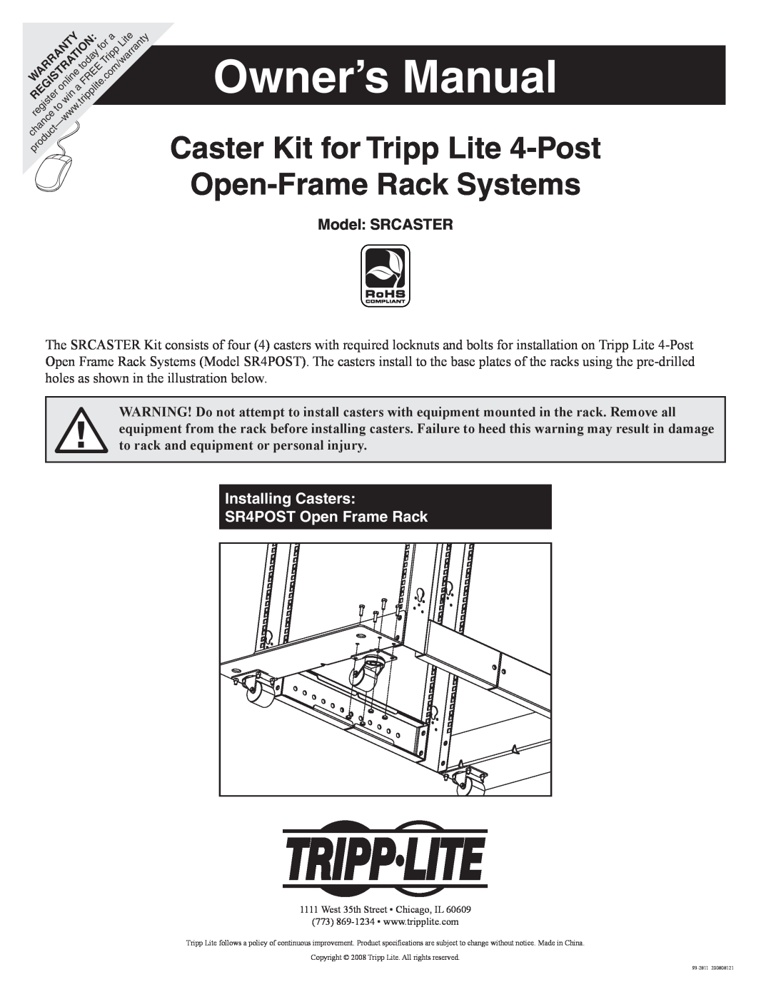 Tripp Lite owner manual Model: SRCASTER, Installing Casters SR4POST Open Frame Rack, West 35th Street Chicago, IL 
