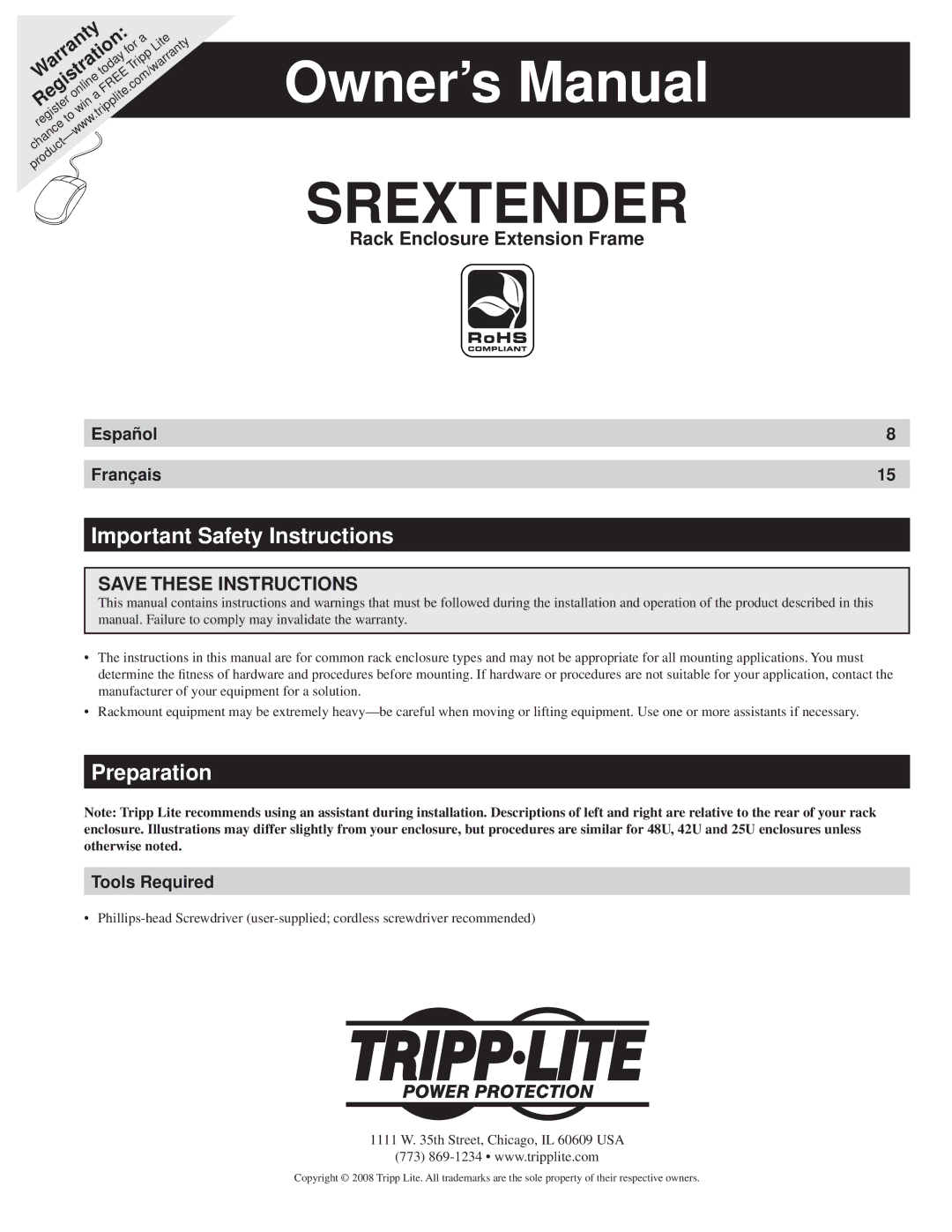 Tripp Lite SREXTENDER owner manual Important Safety Instructions, Preparation 