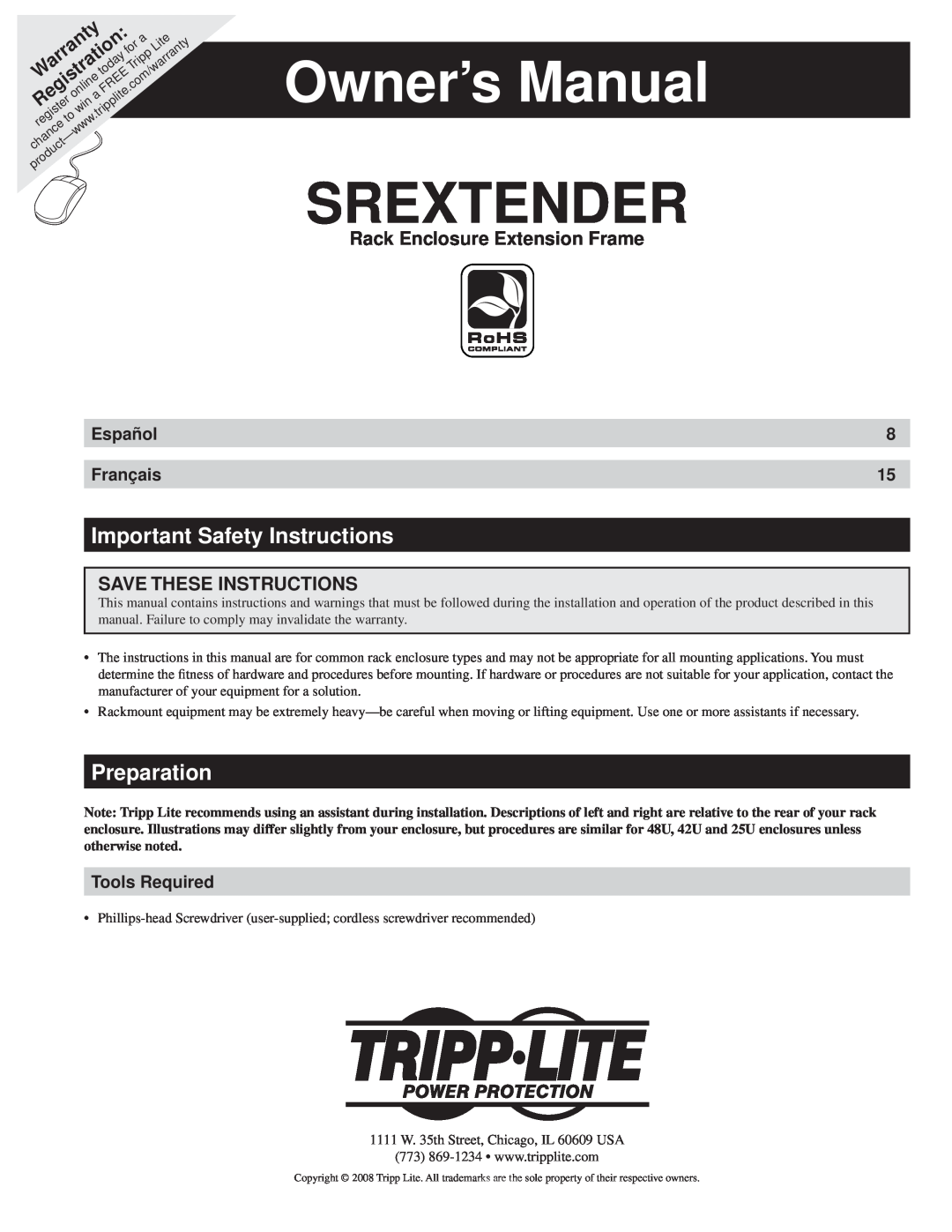 Tripp Lite SREXTENDER owner manual Important Safety Instructions, Preparation, Rack Enclosure Extension Frame, Srextender 