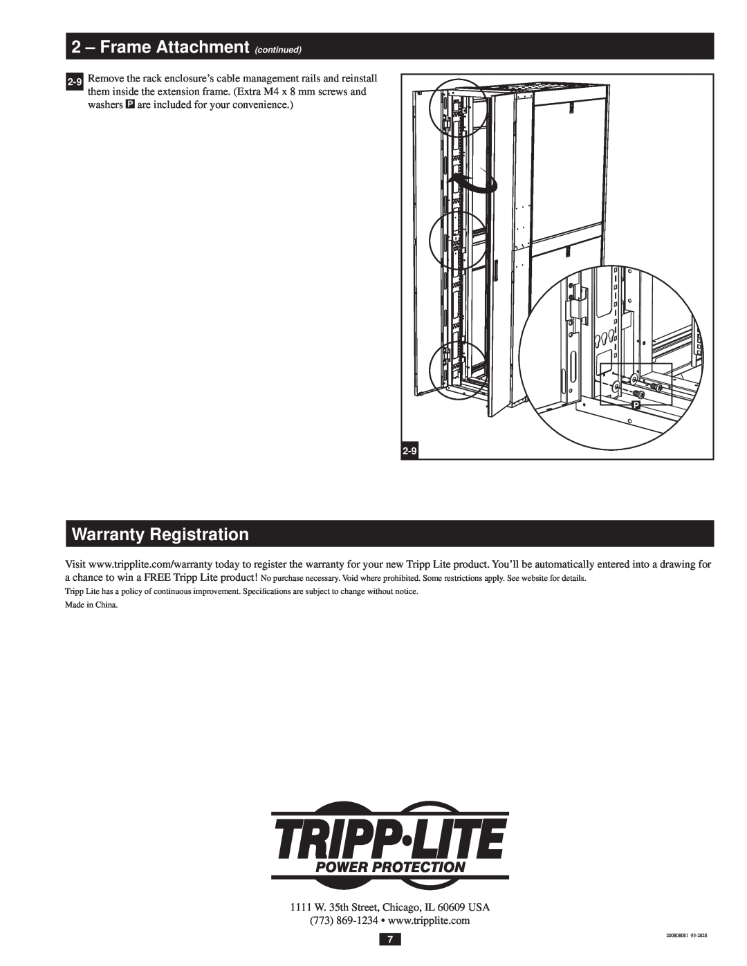 Tripp Lite SREXTENDER owner manual Warranty Registration, Frame Attachment continued 