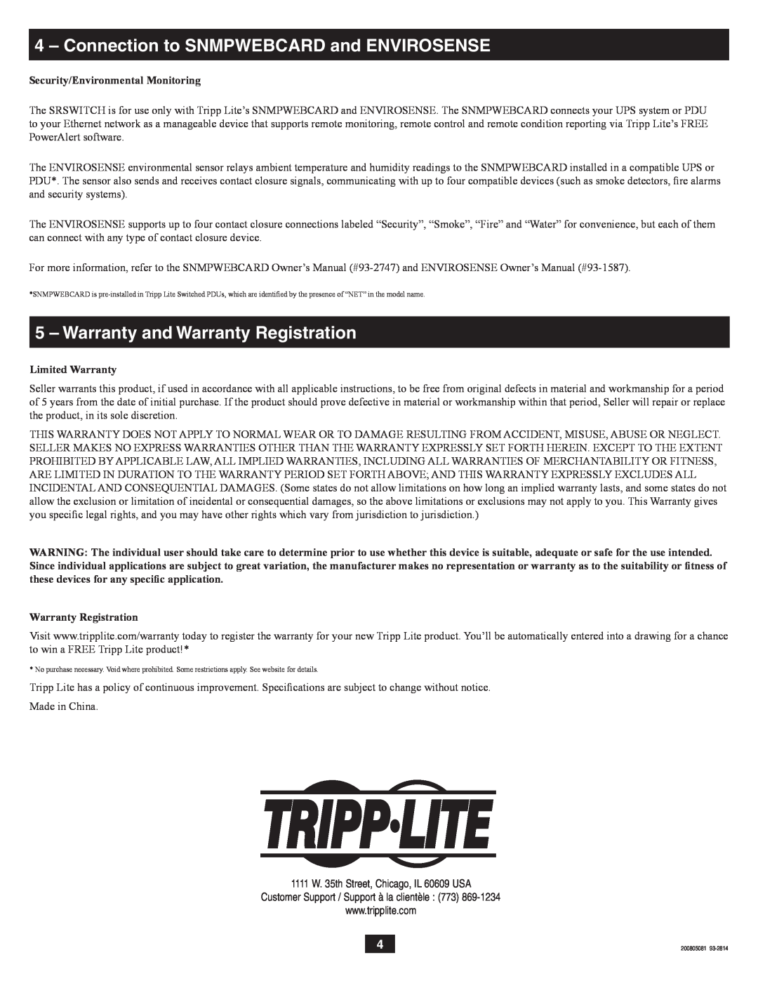 Tripp Lite SRSWITCH Connection to SNMPWEBCARD and ENVIROSENSE, Warranty and Warranty Registration, Limited Warranty 