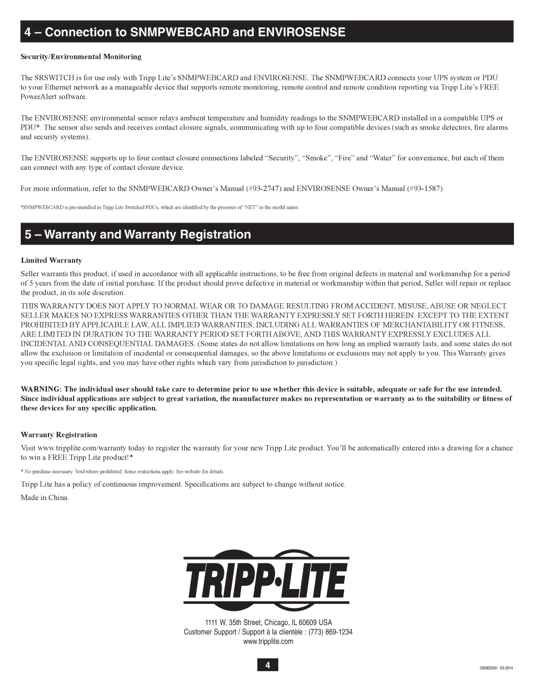 Tripp Lite SRSWITCH owner manual Security/Environmental Monitoring 