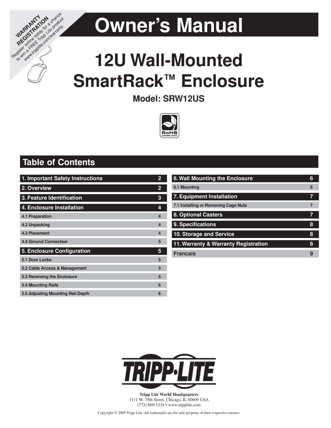 Tripp Lite SRW12US owner manual 12U Wall-Mounted SmartRack Enclosure, Table of Contents 