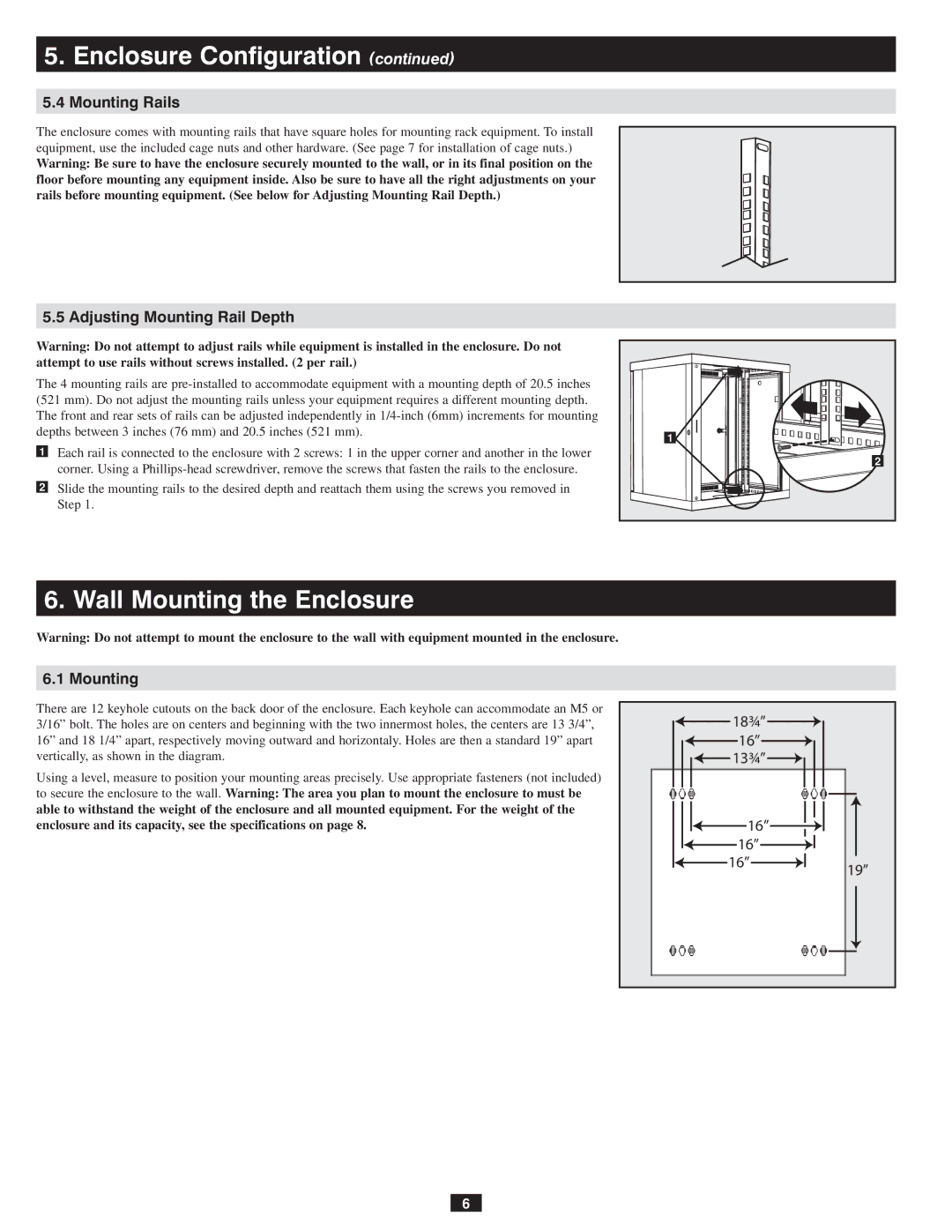 Tripp Lite SRW12US owner manual Wall Mounting the Enclosure, Mounting Rails, Adjusting Mounting Rail Depth 