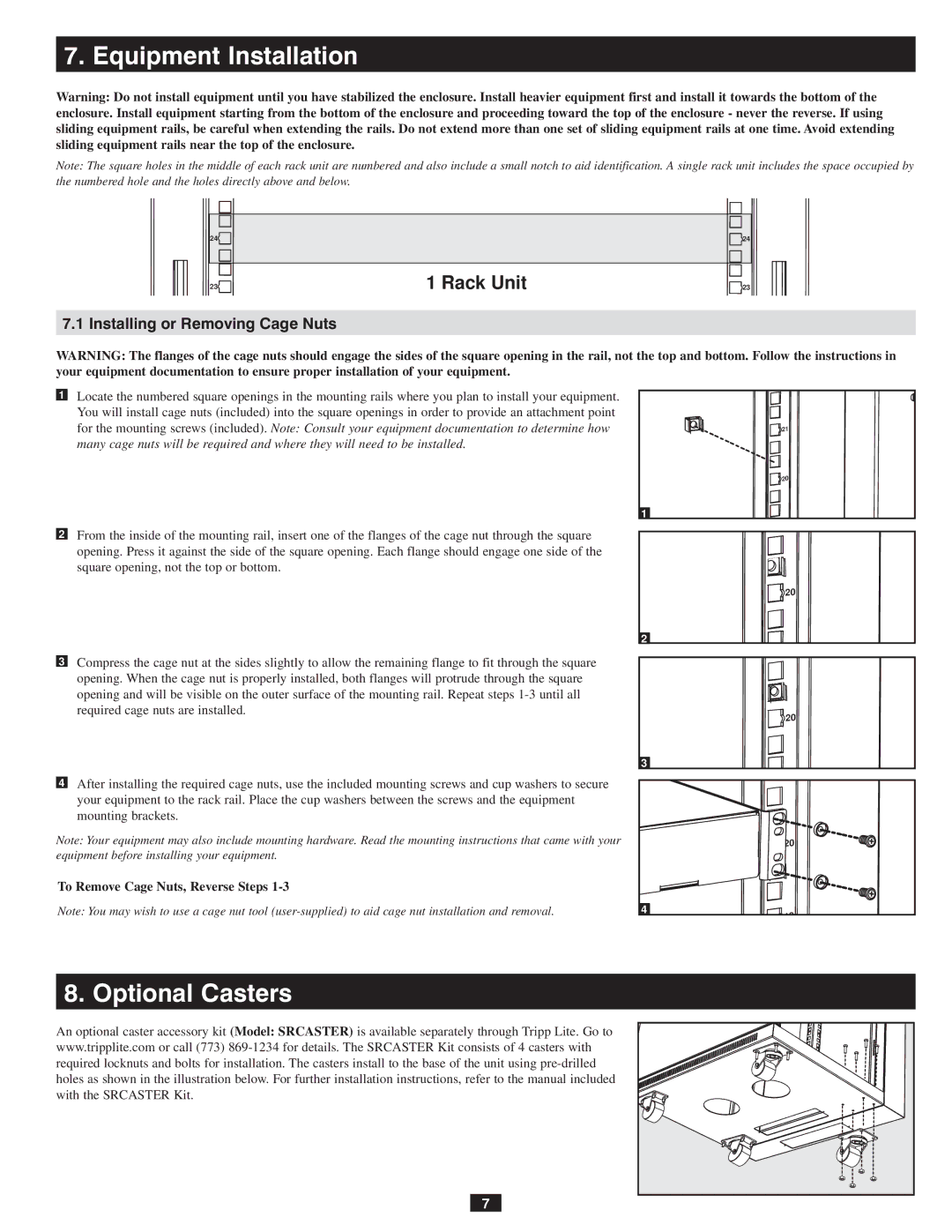 Tripp Lite SRW12US owner manual Equipment Installation, Optional Casters, Rack Unit, Installing or Removing Cage Nuts 